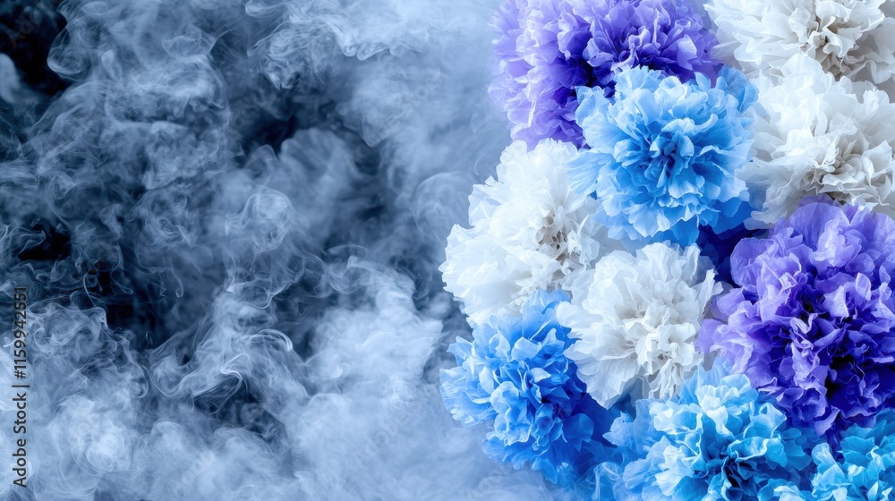 Fototapeta premium Blue, white, purple flowers in smoke.