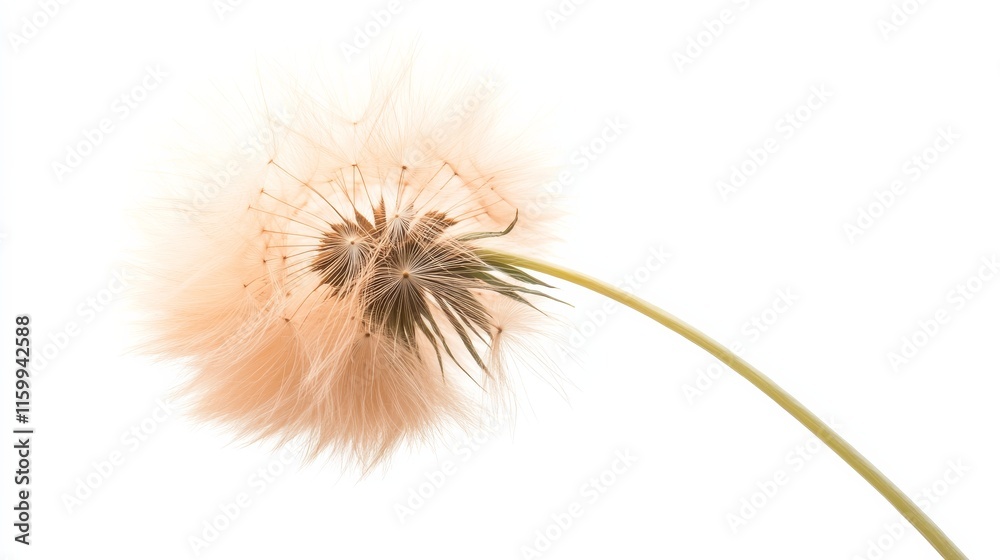 A detailed shot of a soft peach dandelion with its fluffy, rounded seed head and warm color, isolated white background A detailed shot of a soft peach dandelion with its fluffy, rounded seed head and warm color, isolated white background