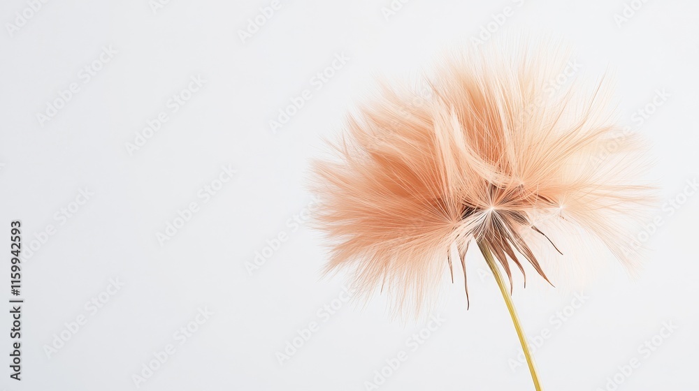 Fototapeta premium A detailed shot of a soft peach dandelion with its fluffy, rounded seed head and warm color, isolated white background