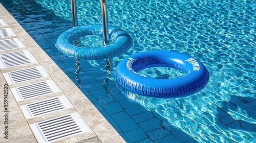 Pool scene with floating rings in clear water.
