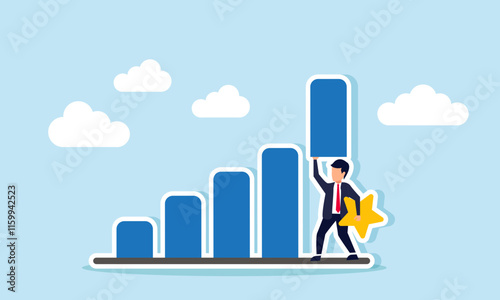Businessman holding a star and lifting a bar chart, illustration of efforts to improve the quality of business company performance