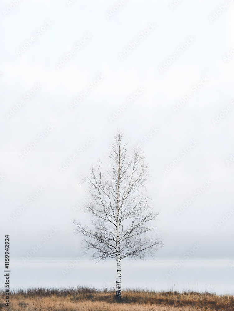Lonely Birch Tree in Misty Field Represents Solitude and Beauty of Simplistic Nature : Generative AI Lonely Birch Tree in Misty Field Represents Solitude and Beauty of Simplistic Nature : Generative AI