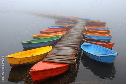 Wallpaper Mural Colorful rowboats moored at a foggy lake pier. Torontodigital.ca