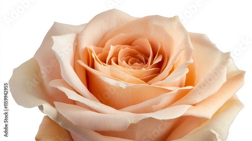 A detailed shot of a soft peach rose with its velvety, overlapping petals and warm color, isolated white background