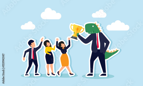 Several entrepreneurs celebrating a trophy held by a monster-like businessman, illustration of celebrating the success of an underestimated business partner