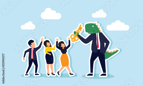 Several entrepreneurs competing for a key held by a monster-like businessman, illustration of vying for solutions from an underestimated business partner