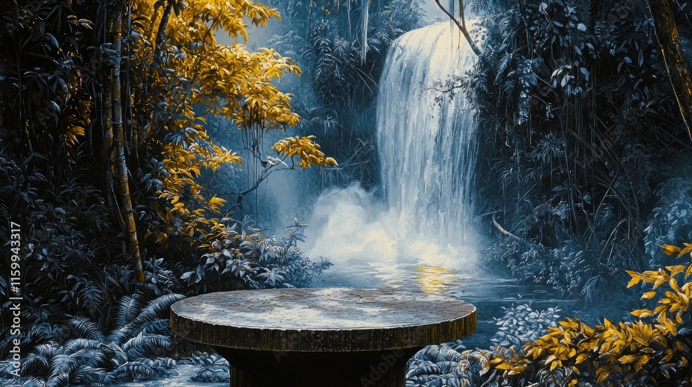 Fototapeta premium Serene waterfall scene with empty stone table.