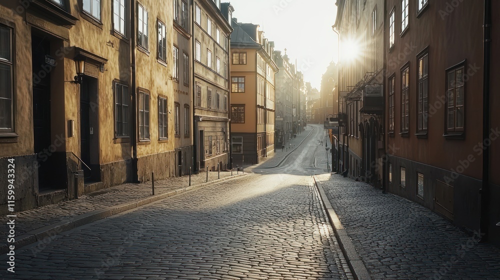 Sunlit cobblestone street in old town, sunrise. Sunlit cobblestone street in old town, sunrise.