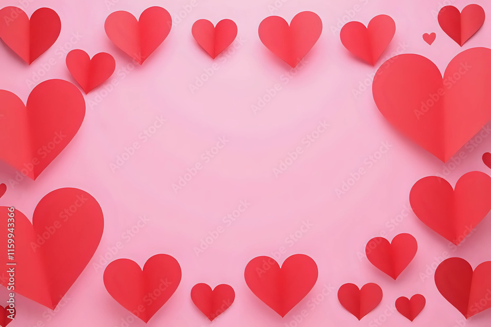 Frame of red paper hearts with space for text the centre on pink background. Flat lay, top view Valentines Day background love concept Frame of red paper hearts with space for text the centre on pink background. Flat lay, top view Valentines Day background love concept