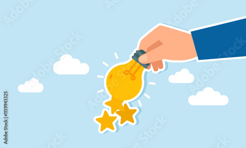 Hand holding a glowing lamp emitting stars, illustration of ideas and innovation to improve business ratings and quality