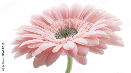 A detailed shot of a soft pink gerbera daisy with its large, rounded petals and gentle hue, isolated white background