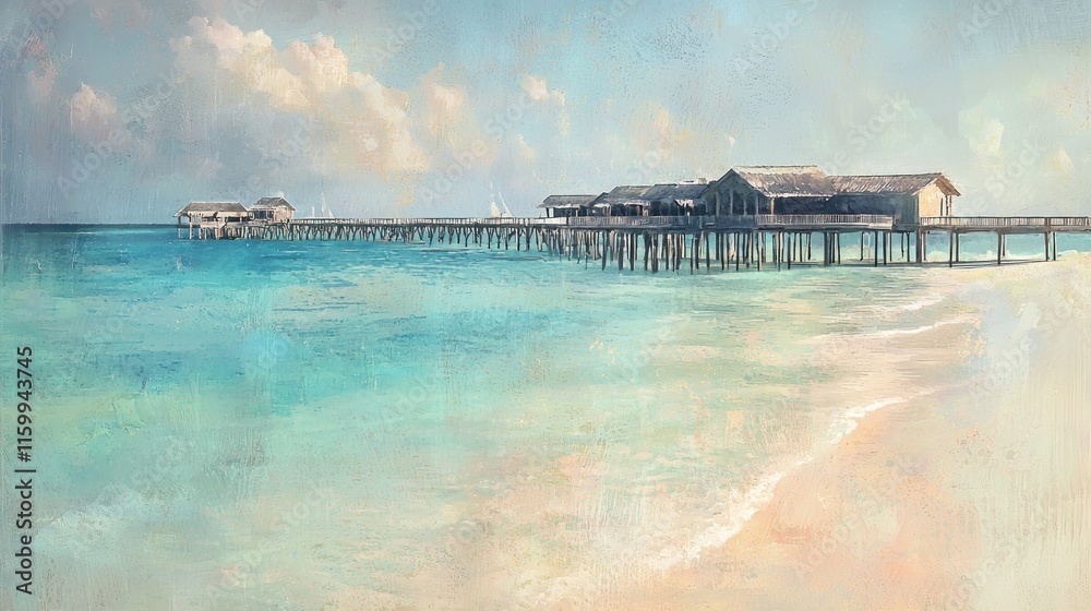Fototapeta premium Tropical overwater bungalows on a pier over turquoise ocean.