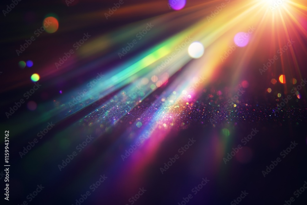 Fototapeta premium Colorful light rays and bokeh on dark background. (1)
