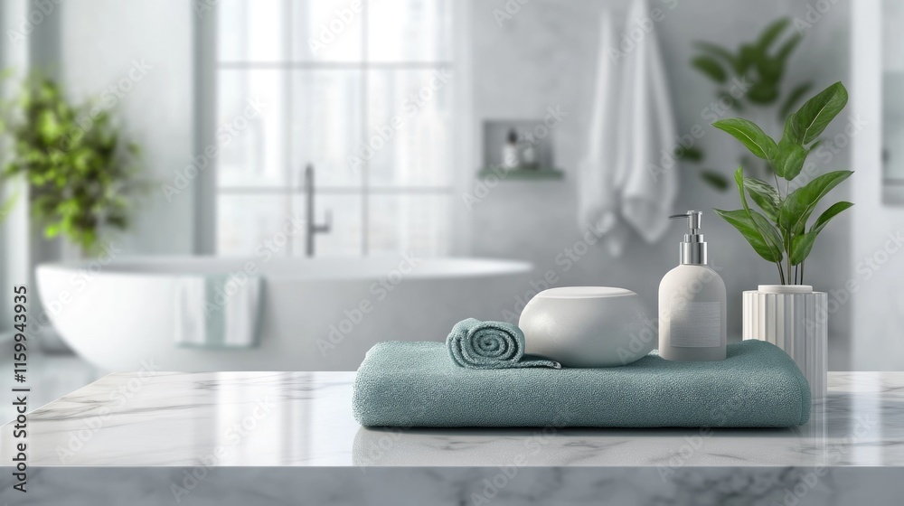 White bathroom interior. Empty marble table top for product display with blurred bathroom interior background White bathroom interior. Empty marble table top for product display with blurred bathroom interior background