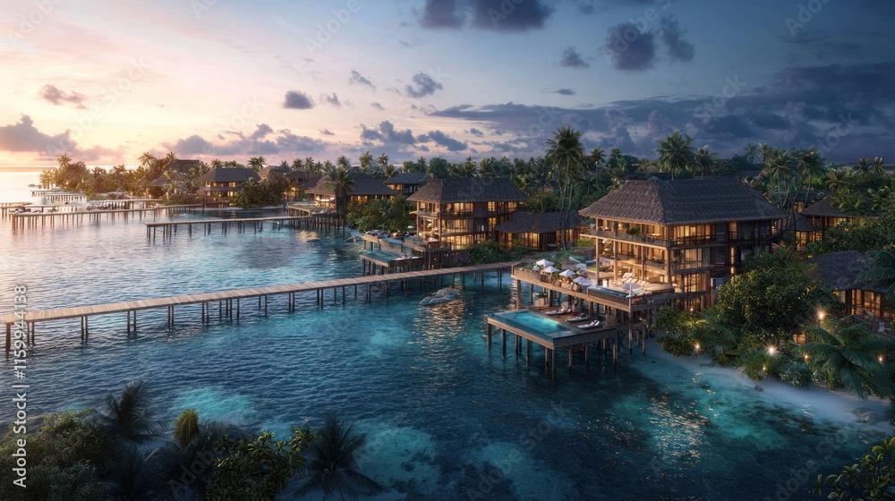 Naklejka premium Tropical island resort at sunset with overwater bungalows and private pools.