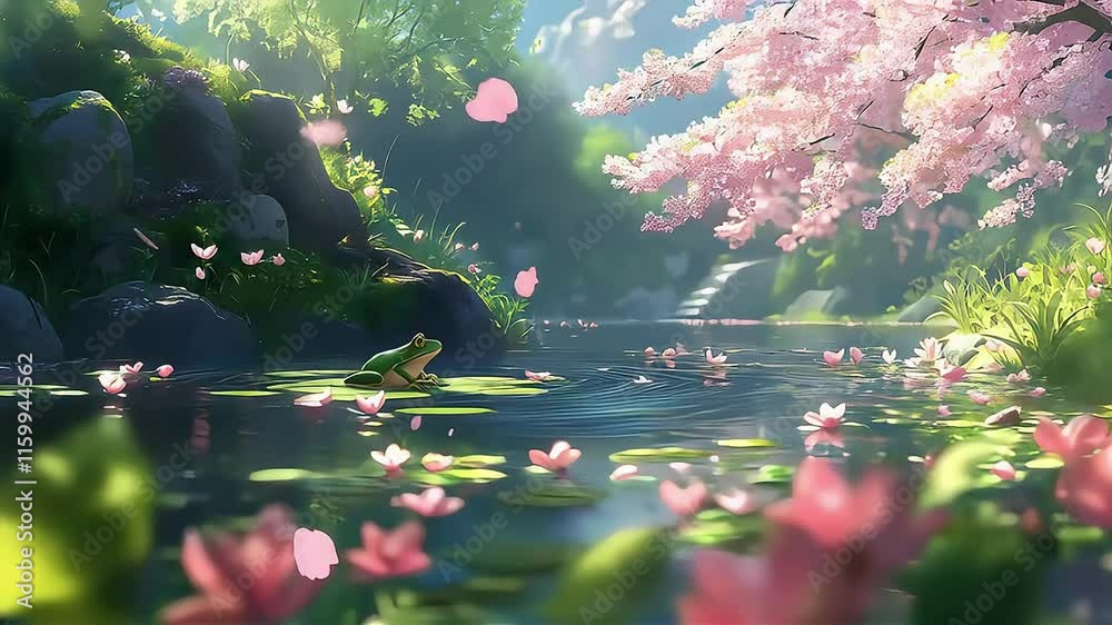 A serene scene featuring a green frog by a tranquil pond surrounded by blooming flowers.