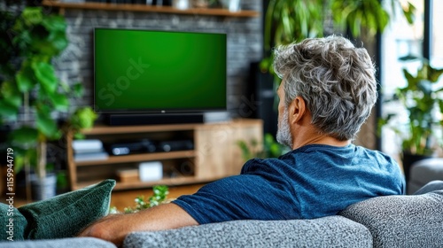 Man watching green screen TV in living room.