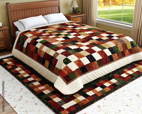 Cozy autumnal patchwork quilt on a bed, featuring warm earthy tones and a coordinating runner. Perfect for adding rustic charm to a bedroom. photo