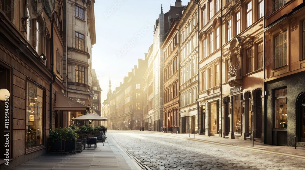 Sunlit cobblestone street with historic buildings and cafe. Sunlit cobblestone street with historic buildings and cafe.