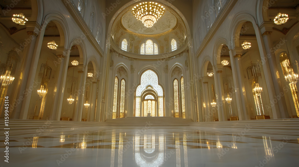 Obraz premium Luxurious interior view of grand hall with chandeliers and arched windows reflecting serene ambiance : Generative AI