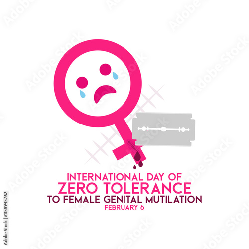 International Day of Zero Tolerance to Female Genital Mutilation. Sad female symbol character with razor. White background. February 6. Poster, banner, card, background.