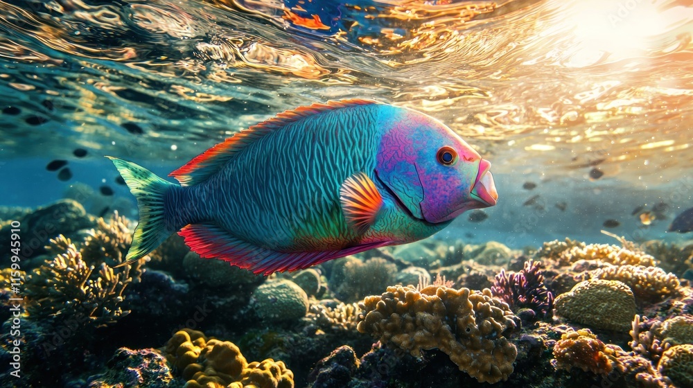 Naklejka premium Vibrant fish swimming over coral reef.