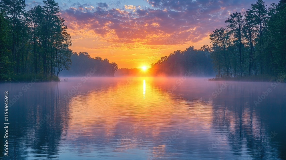 A serene sunrise over a misty lake surrounded by trees, reflecting vibrant colors. A serene sunrise over a misty lake surrounded by trees, reflecting vibrant colors.