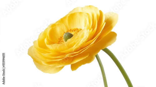 A detailed shot of a soft yellow buttercup with its round, smooth petals and gentle color, isolated white background