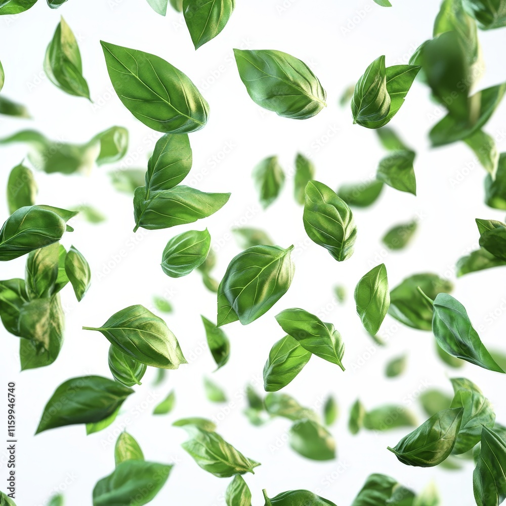 Falling basil leaves on white background. Falling basil leaves on white background.