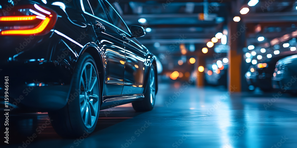 Obraz premium Sleek Black Car in Modern Urban Underground Parking Garage with Dramatic Lighting Effects : Generative AI