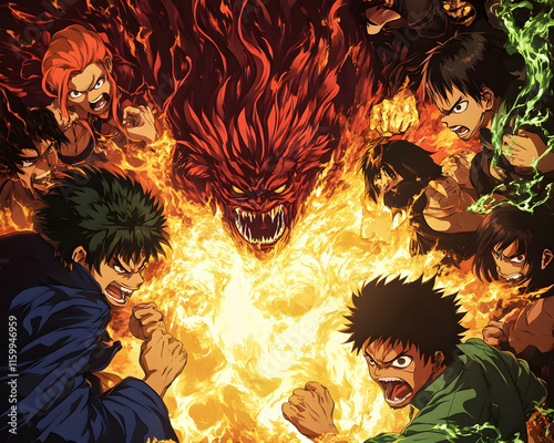 Fierce anime characters battle a demonic beast amidst fiery chaos.  Dynamic action scene, vibrant colors. photo