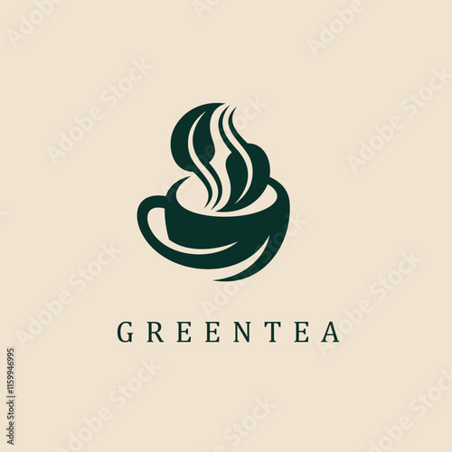 cup logo with tea leaves, green tea logo