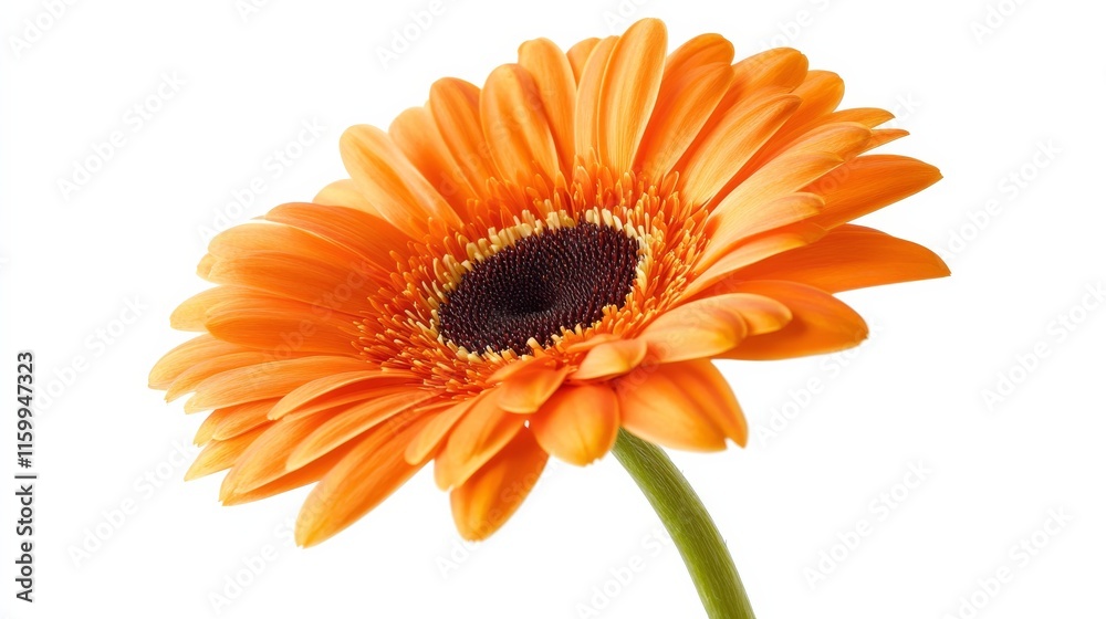 A detailed shot of a vibrant orange gerbera daisy with smooth petals and a dark center, isolated white background, minimalistic art style A detailed shot of a vibrant orange gerbera daisy with smooth petals and a dark center, isolated white background, minimalistic art style