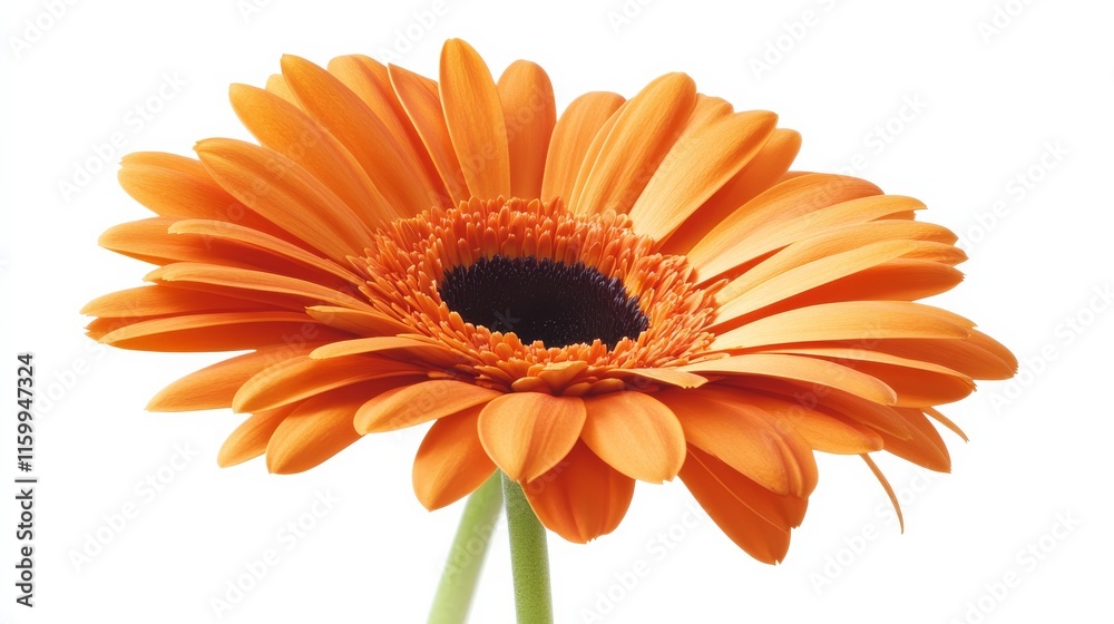 A detailed shot of a vibrant orange gerbera daisy with smooth petals and a dark center, isolated white background, minimalistic art style A detailed shot of a vibrant orange gerbera daisy with smooth petals and a dark center, isolated white background, minimalistic art style