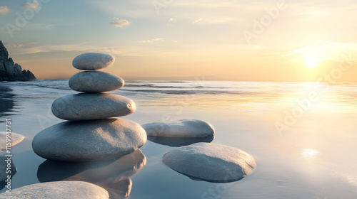 Serene Pebble Stones on Tranquil Beach at Sunset for Relaxing Nature Scenes : Generative AI