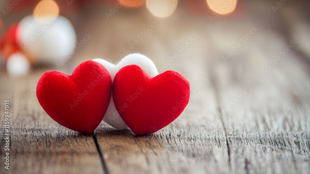 Pair of red felt hearts on rustic wooden surface with bokeh background : Generative AI Pair of red felt hearts on rustic wooden surface with bokeh background : Generative AI