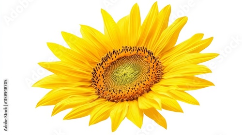 A detailed shot of a vibrant yellow sunflower in bloom, isolated white background, minimalistic art style