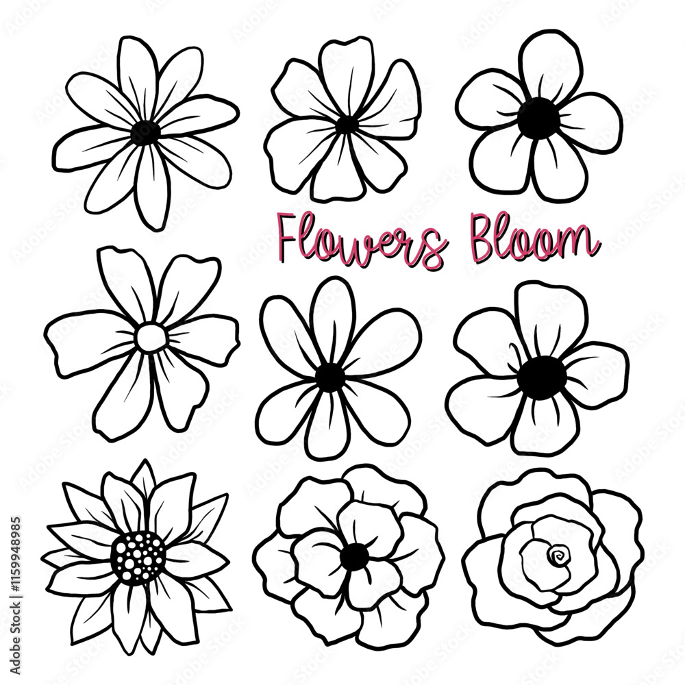 Black Line Doodle Flowers Bloom on White Background. Message ‘Flowers Bloom' Vector illustration about Nature.