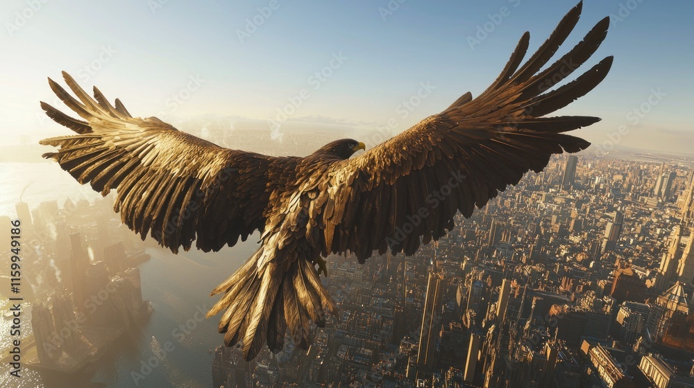 Obraz premium Majestic eagle soaring over a sprawling cityscape at sunrise.