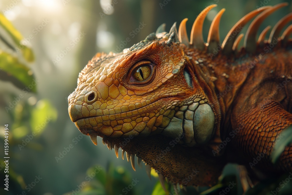 A close-up of an iguana intricate scales and sharp spikes, with its eye reflecting the surrounding jungle A close-up of an iguana intricate scales and sharp spikes, with its eye reflecting the surrounding jungle
