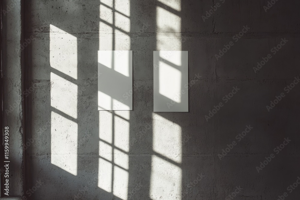 Two blank canvases on a concrete wall with window light and shadows. Two blank canvases on a concrete wall with window light and shadows.