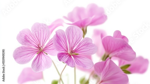 A detailed shot of delicate pink cosmos flowers with their daisy-like appearance, isolated white background, minimalistic art style