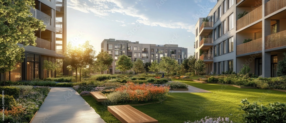 Innovative mixed-use development, terraced design with public green spaces, modern urban living, pedestrian-friendly pathways