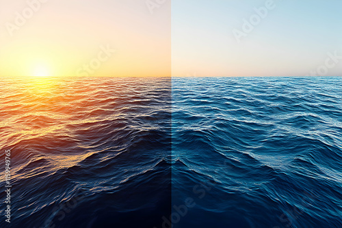 Stunning split image of ocean; one side sunset, other side deep blue sea. Perfect for travel, nature, or serenity themes. photo