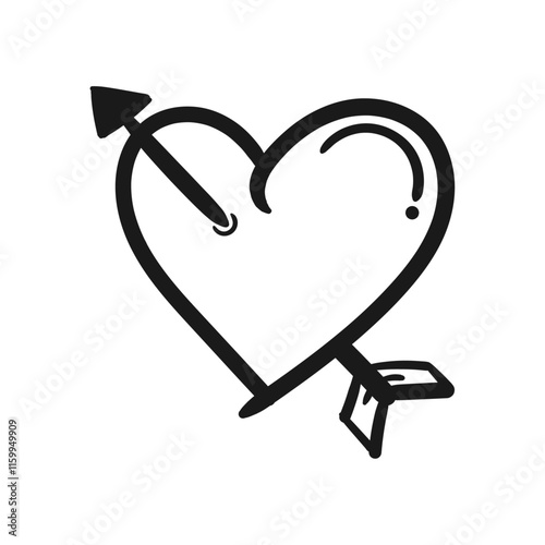 Hand drawn line heart pierced by love arrow. Doodle. Outline.