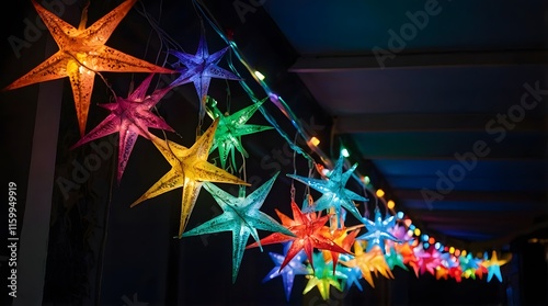 The hanging series of colorful star-shaped lights are arranged in such a way that they form a star-like pattern, creating a beautiful and festive display against the dark background