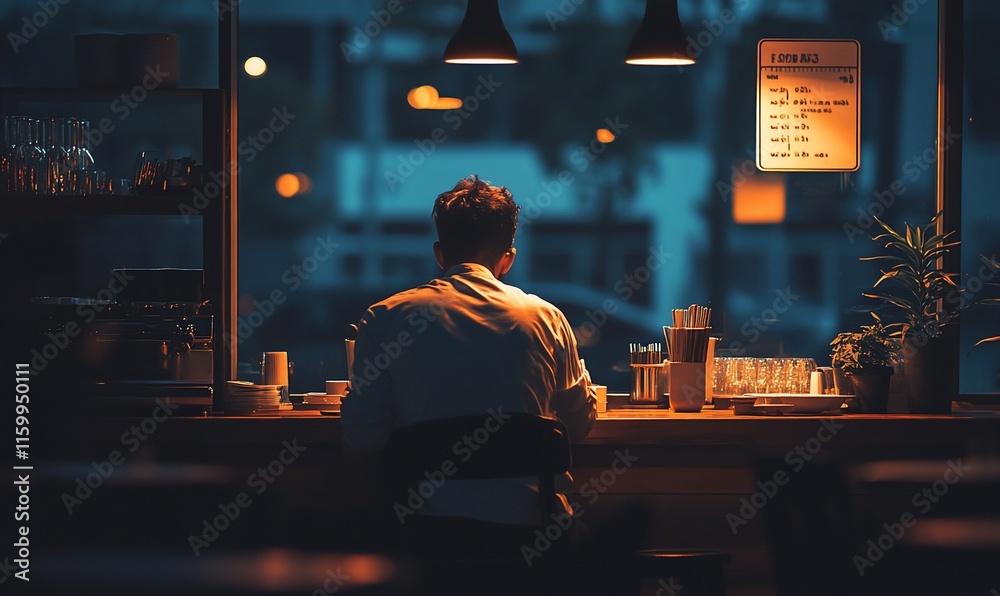 Man sitting alone at a cafe counter at night, viewed from behind. Man sitting alone at a cafe counter at night, viewed from behind.