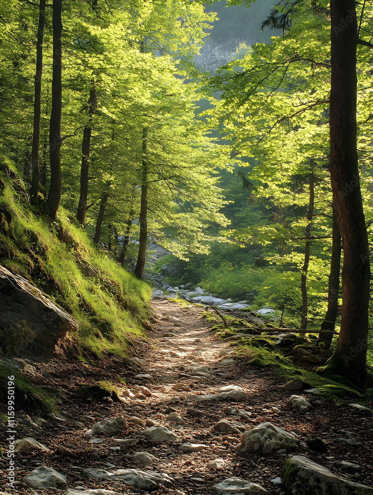 Fototapeta premium Serene Forest Pathway with Lush Greenery and Sunlight Filtering Through Trees : Generative AI