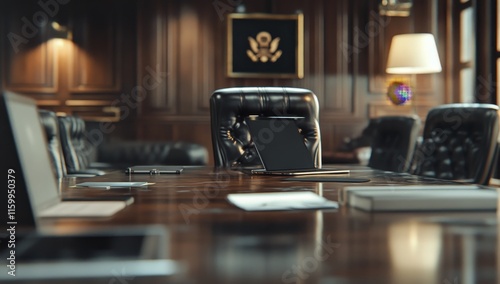 Empty conference room with tablet on mahogany table.