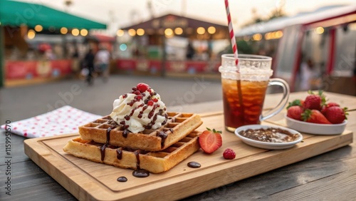 Delicious Waffles with Strawberries and Iced Drink at Vibrant Market